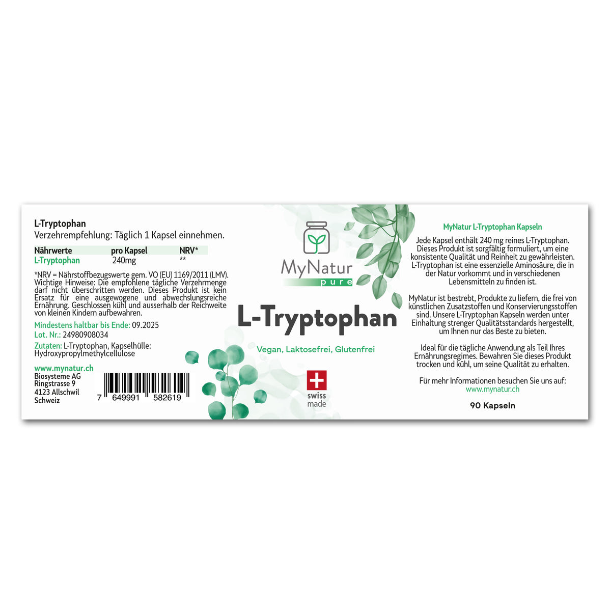 Inhaltsstoffe und Produktangaben - MyNatur L-Tryptophan Kapseln