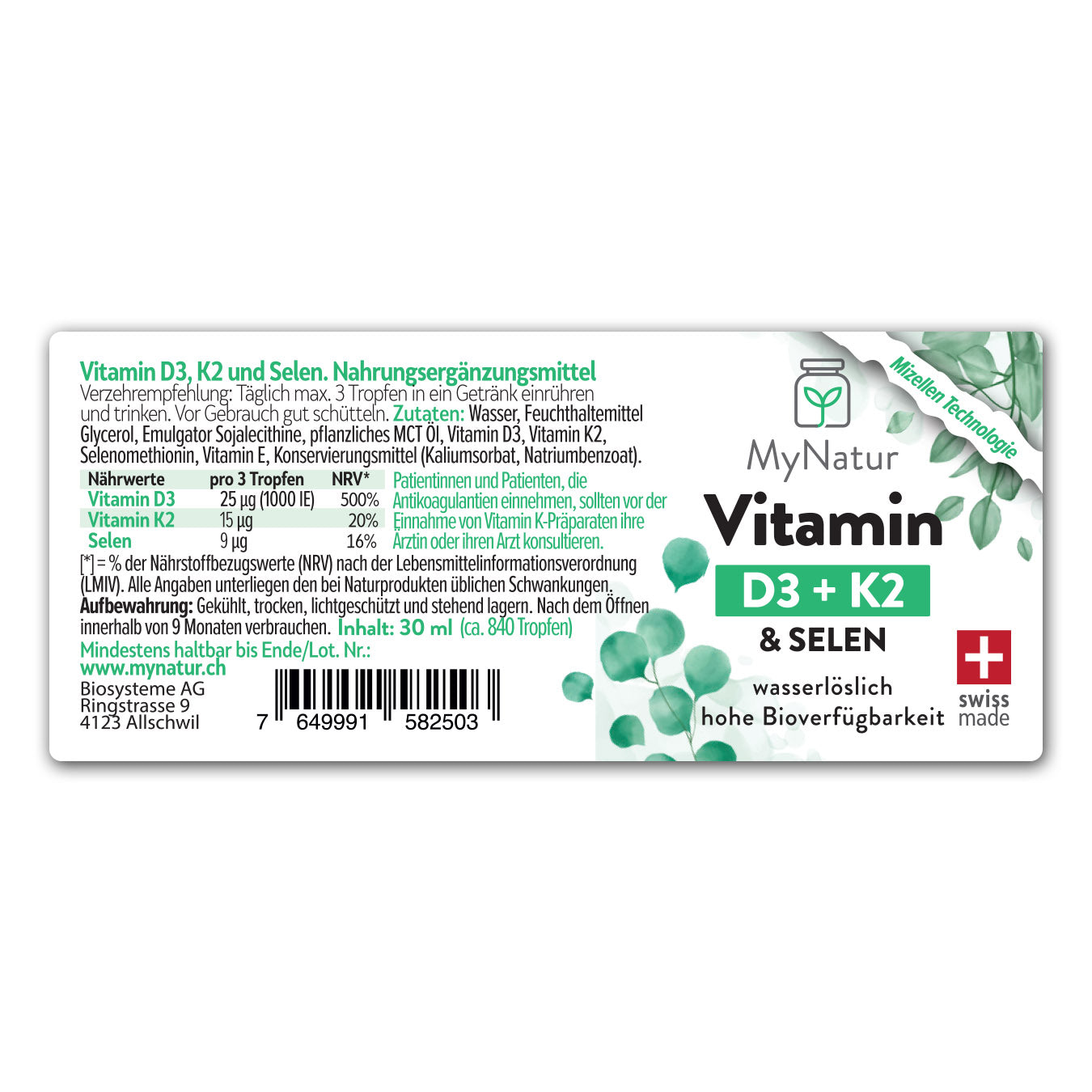 Inhaltsstoffe und Produktangaben - MyNatur Vitamin D3 K2 Tropfen